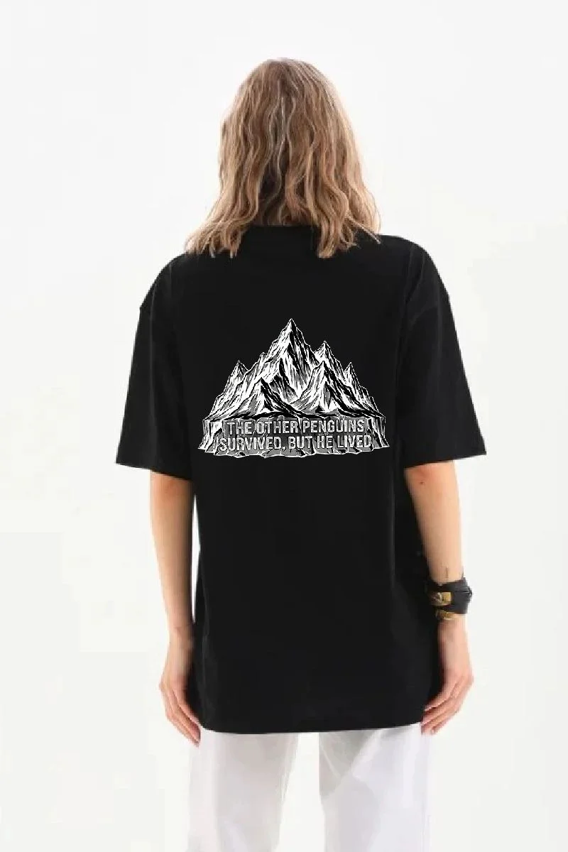 Kadın T-Shirt Penguen Baskılı Bisiklet Yaka Kısa kol yazlık Tişört - Siyah