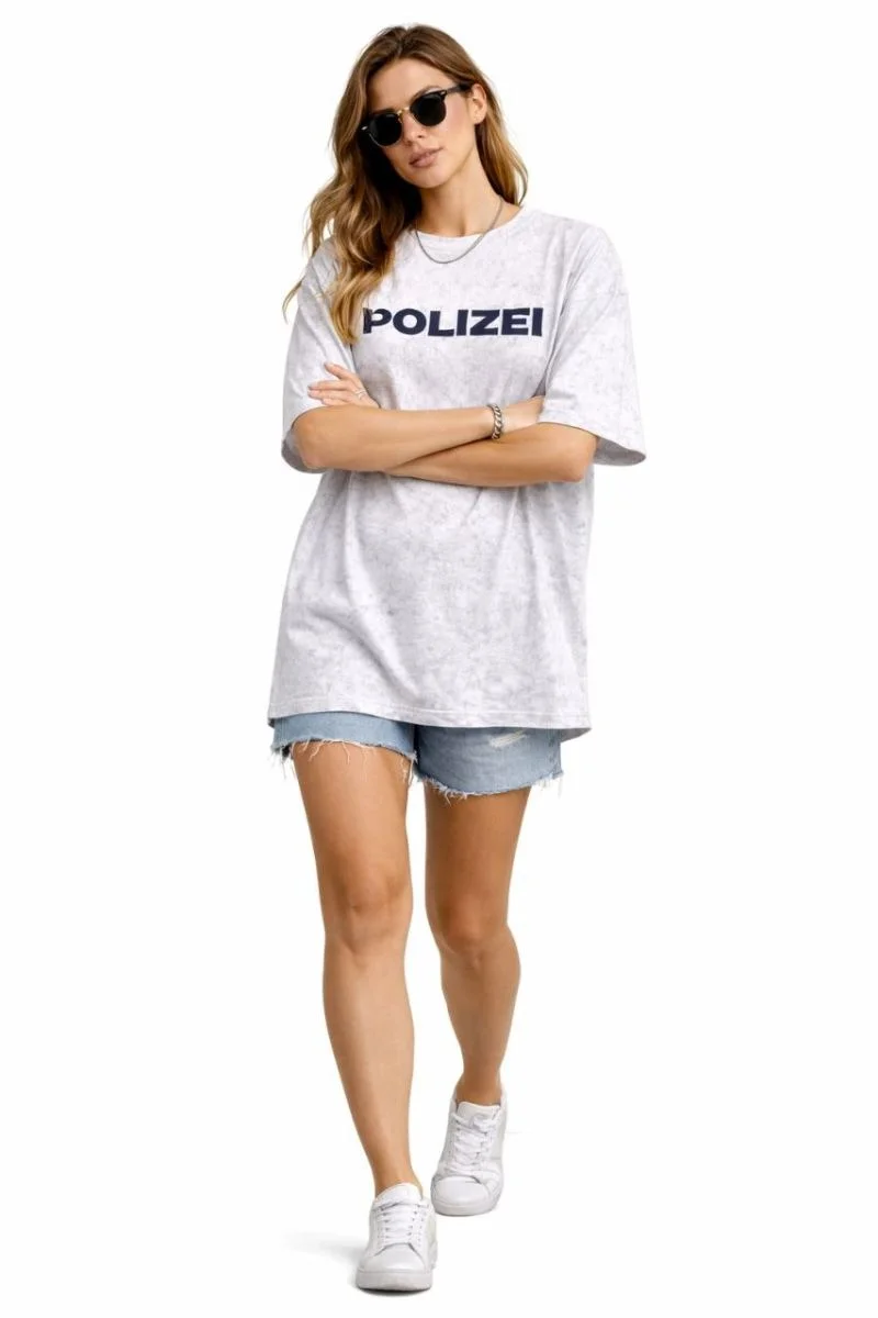 Kadın Asit Yıkamalı Oversize Tişört Bisiklet Yaka Kısa Kol T-shirt - Beyaz
