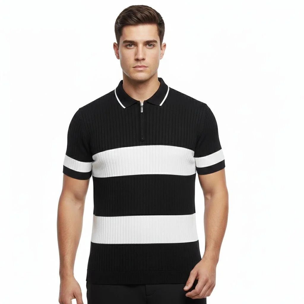 Erkek T-shirt Çizgili Triko Kumaş Polo Yaka Yarım Fermuarlı Kısa Kol Tişört - Siyah