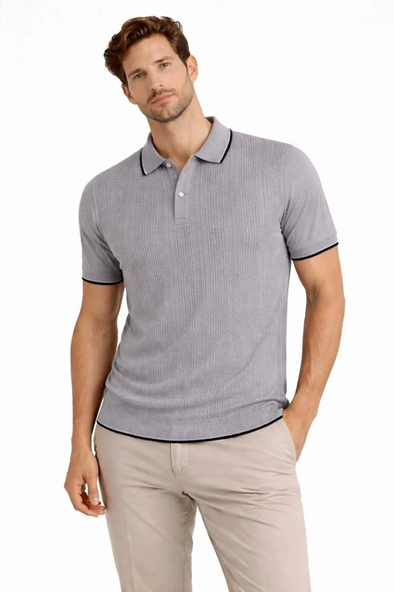 Erkek Polo Yakal Düğmeli Triko Tişört Yazlık Dokuma Regular Fit T-Shirt - Gri