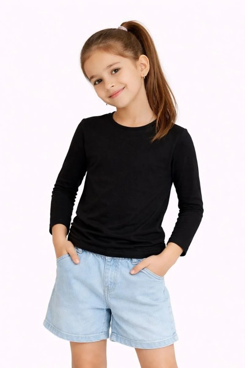 Kız Çocuk Basic Uzun Kollu Tişört Okul Günlük Rahat T-Shirt - Siyah