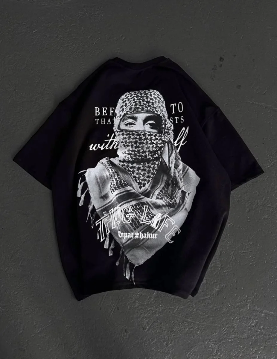 Kadın Kısa Kol Tişört Bisiklet Yaka Filistin Poşülü Baskılı T-Shirt - Siyah