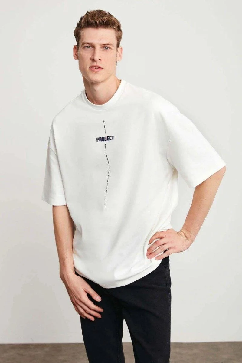 Erkek Baskılı T-Shirt Kısa Kol Bisiklet Yaka Regular Fit Rahat Kalıp Tişört - Beyaz