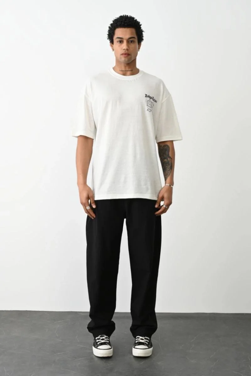 Erkek Kısa Kol Yazlık Tişört Bisiklet Yaka Baskılı Oversize T-Shirt - Beyaz