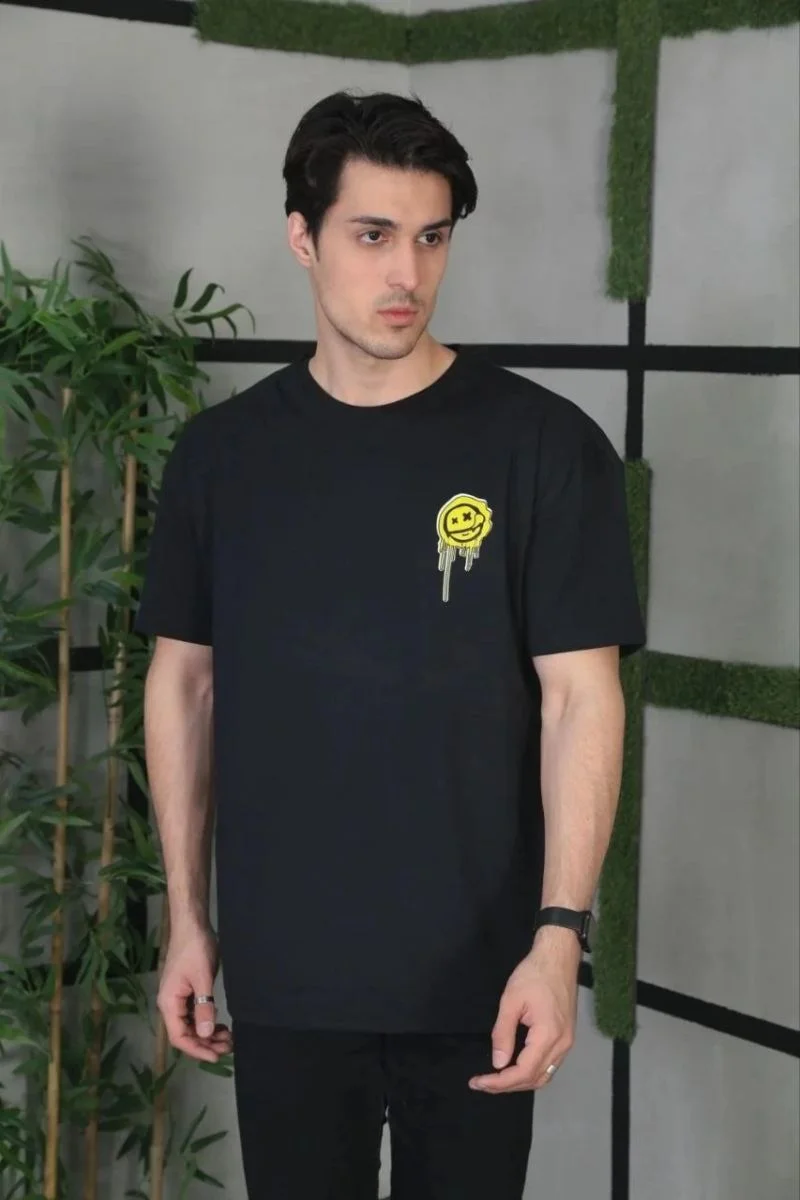 Erkek Kısa Kol Yazlık Tişört Bisiklet Yaka Baskılı Oversize T-Shirt - Siyah