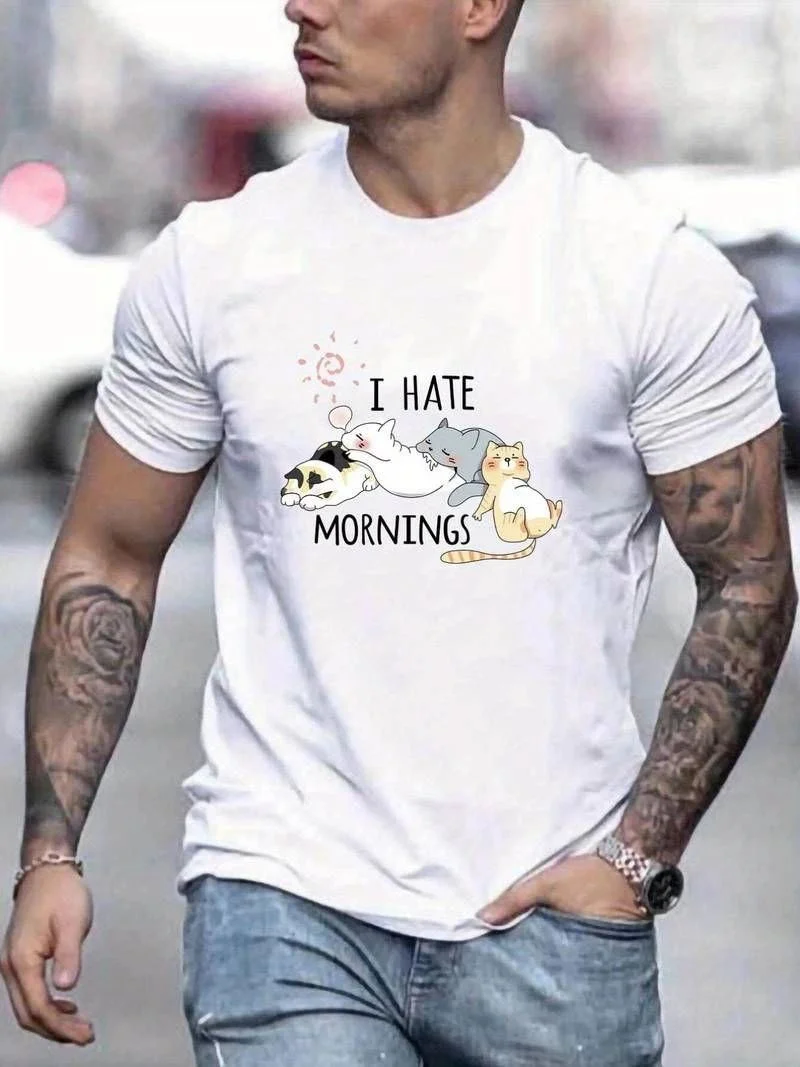 Erkek Baskılı T-Shirt Kısa Kol Bisiklet Yaka Regular Fit Rahat Kalıp Günlük Tişört - Beyaz