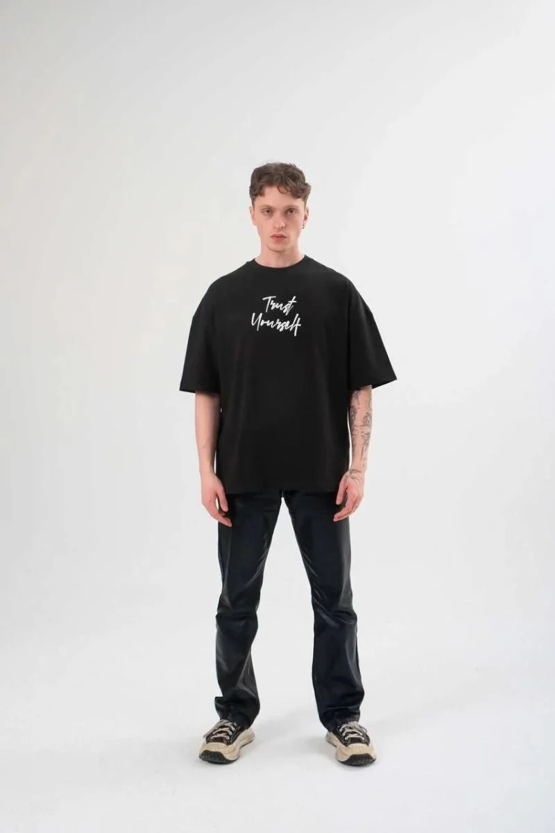 Erkek Kısa Kol Yazlık Tişört Bisiklet Yaka Baskılı Oversize T-Shirt - Siyah