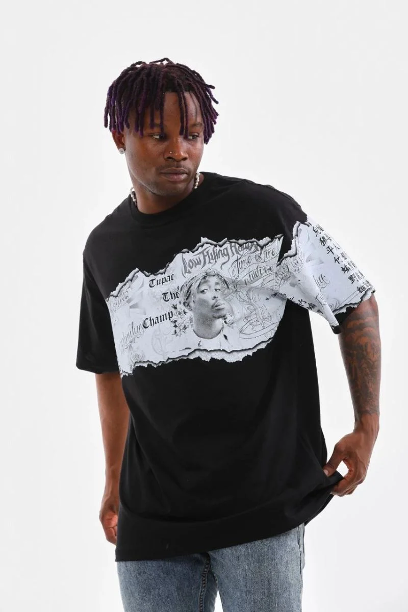 Erkek  Bisiklet Yaka Baskılı Oversize T-Shirt - Siyah