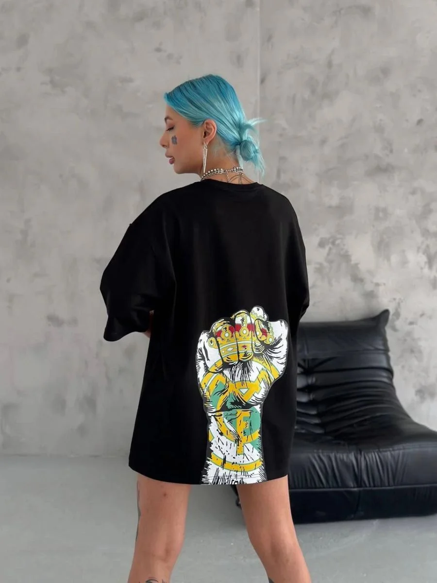 Kadın Kısa Kol Yazlık Tişört Bisiklet Yaka Baskılı Oversize T-Shirt - Siyah