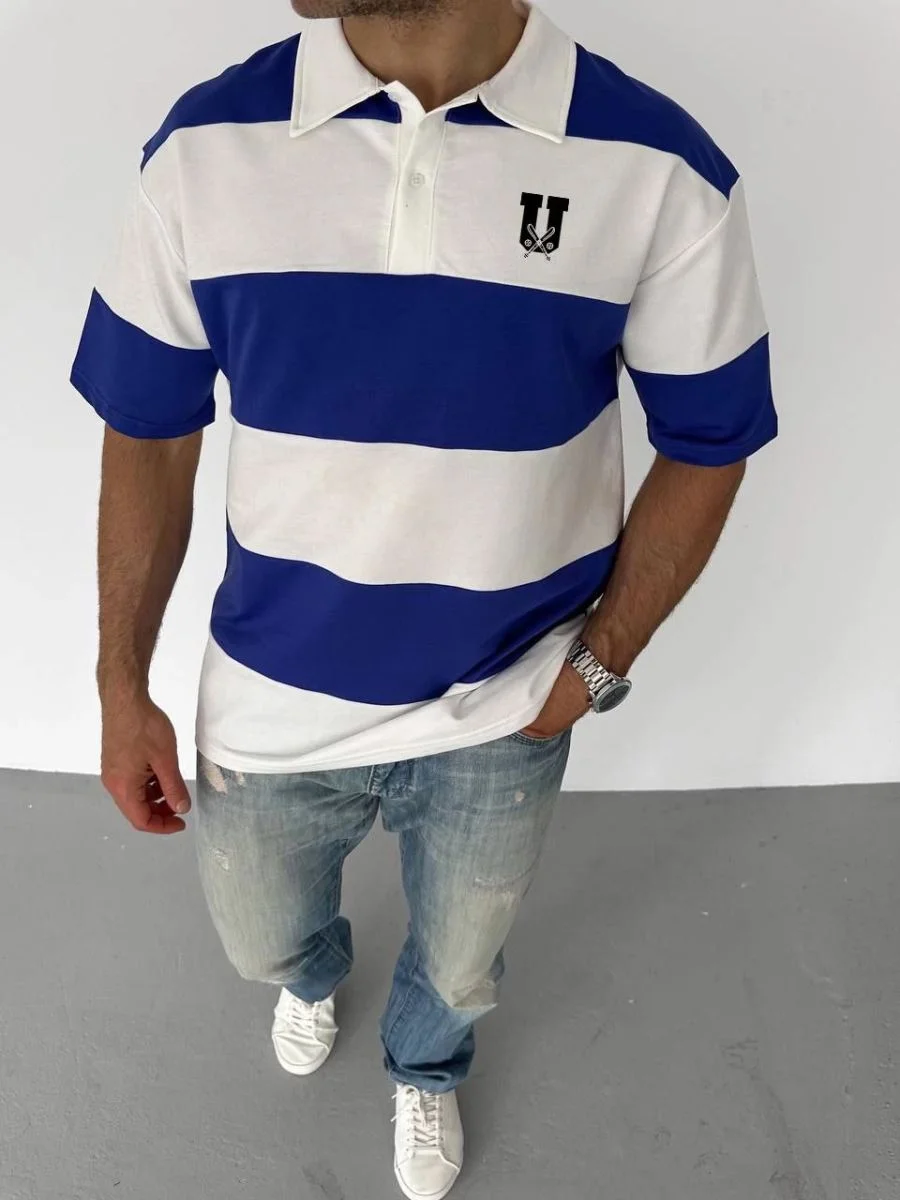 Erkek Polo Yakalı Tişört Kısa Kol Parçalı ve Baskılı T-shirt - Mavi