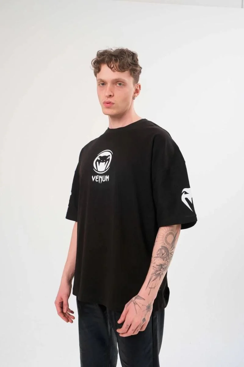 Erkek Kısa Kol Tişört Göğüs ve Kol Bisiklet Yaka Baskılı T-Shirt - Siyah