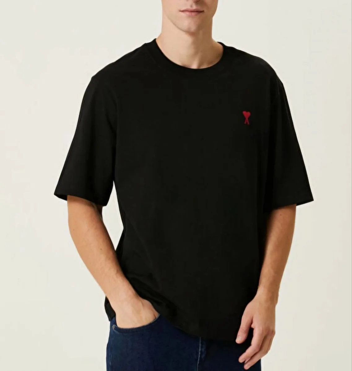 Erkek Kısa Kol Tişört Bisiklet Yaka KALP Baskılı Oversize T-Shirt - Siyah