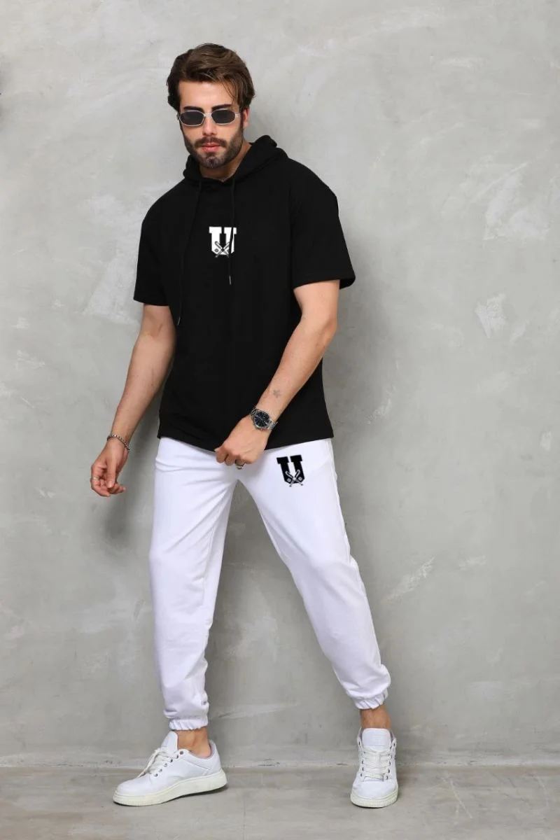 Erkek Kapüşonlu Tişört Oversize T-Shirt Takım - Siyah
