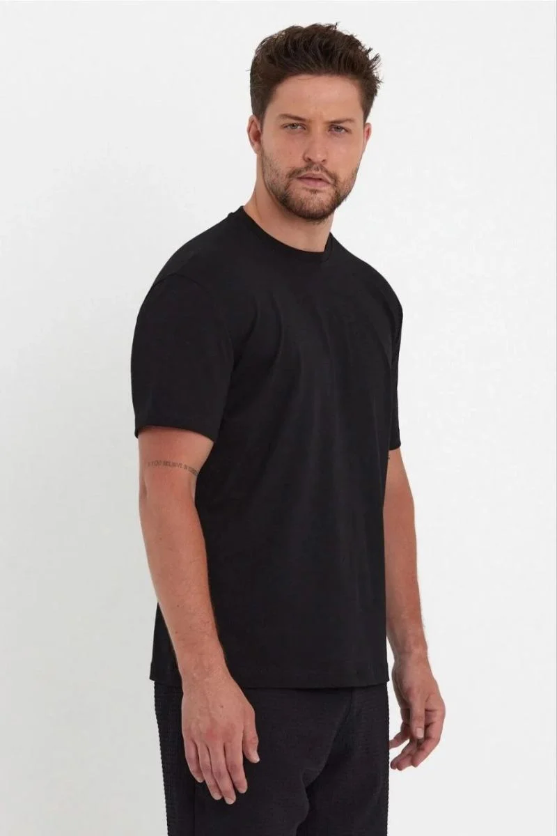 Erkek Düz T-Shirt Kısa Kol Bisiklet Yaka Regular Fit Rahat Kalıp Günlük Tişört - Siyah