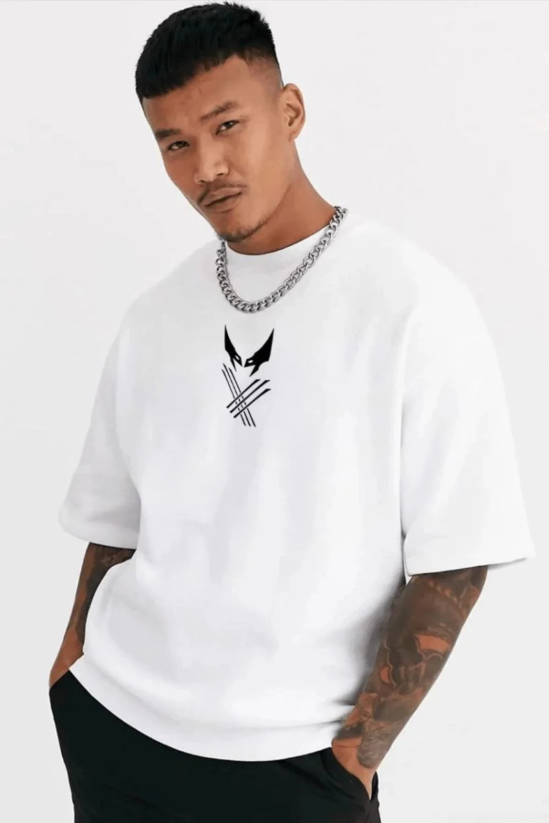 Erkek Kısa Kol Yazlık Tişört Bisiklet Yaka Baskılı Oversize T-Shirt - Beyaz