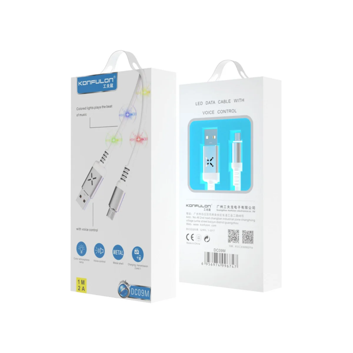 DC09 Ses Duyarlı Işıklı Micro USB Kablo 1M 2A - Siyah