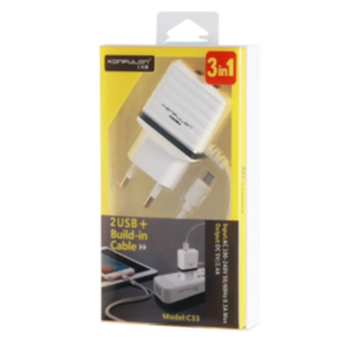 C33 Hızlı Şarj Cihazı 3in1 (Dahili Lightning Kablo iphone Uyumlulu)