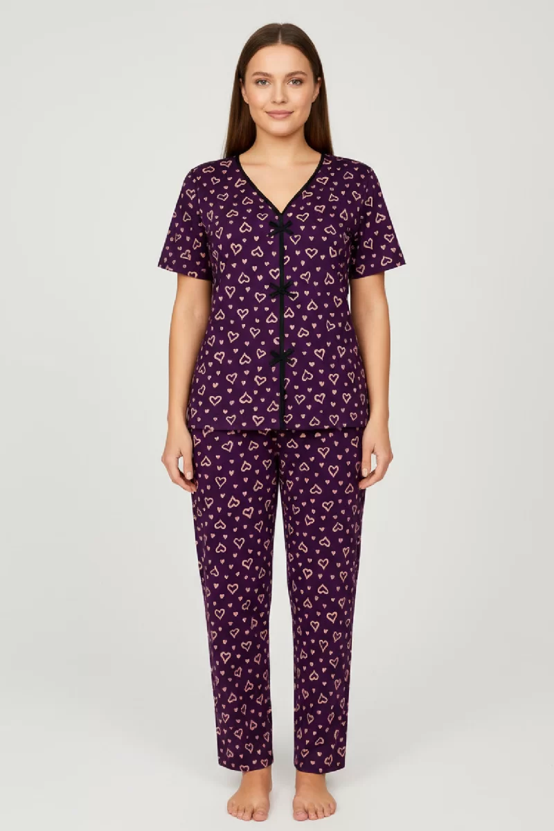Kadın Mor Kalp Desenli Fiyonklu Kısa Kollu Uzun Pijama Takımı