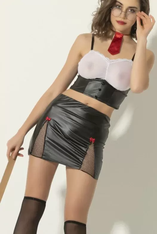 Fantazi Seksi Sekreter Kostüm Seti,Deri Görünümlü Mini Etek,Şeffaf Büstiyer,Kravat ve Çorap