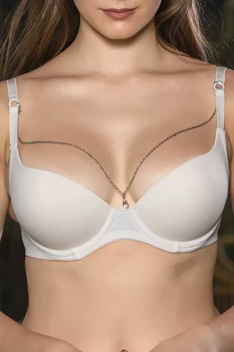 Günlük Kullanıma Uygun Ekru Zincir Aksesuarlı Yarım Push-Up Sütyen,Destekli, Düşük Dekolte Uyumlu