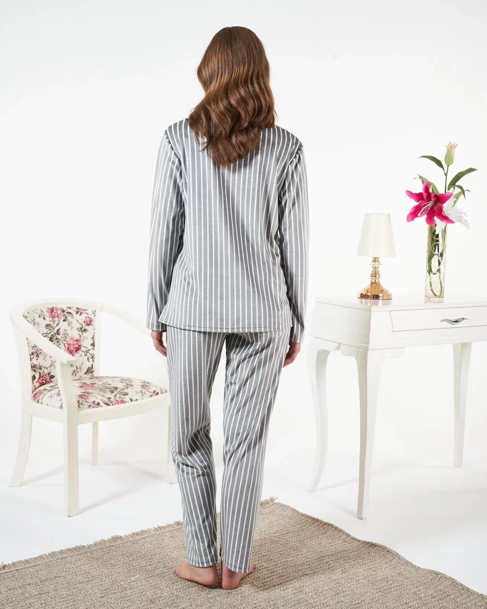 Estiva 25360 Gömlek Yaka Çizgili Kadife Pijama Takımı