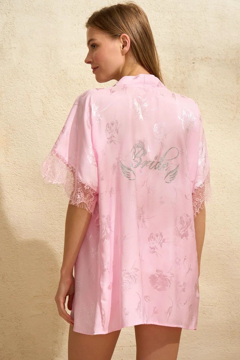 Saten Bride Baskılı Dantelli Sabahlık Balensiz Desteksiz Dolgusuz Bralet Sütyen ve Şort 3'lü Takım