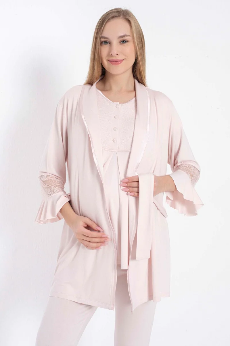 Kısa Kol Bisiklet Yaka Kadın Viskon Dantel Detaylı Hamile Pijama Takımı Sabahlık