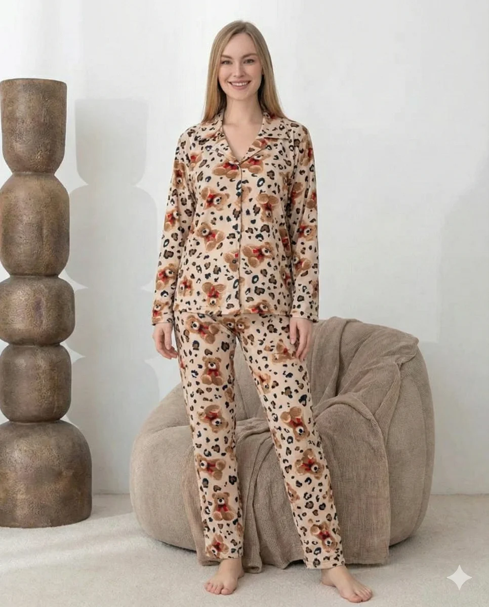Boyraz 0348 Kadın Süet Patlı Uzun Kol Pijama Takımı