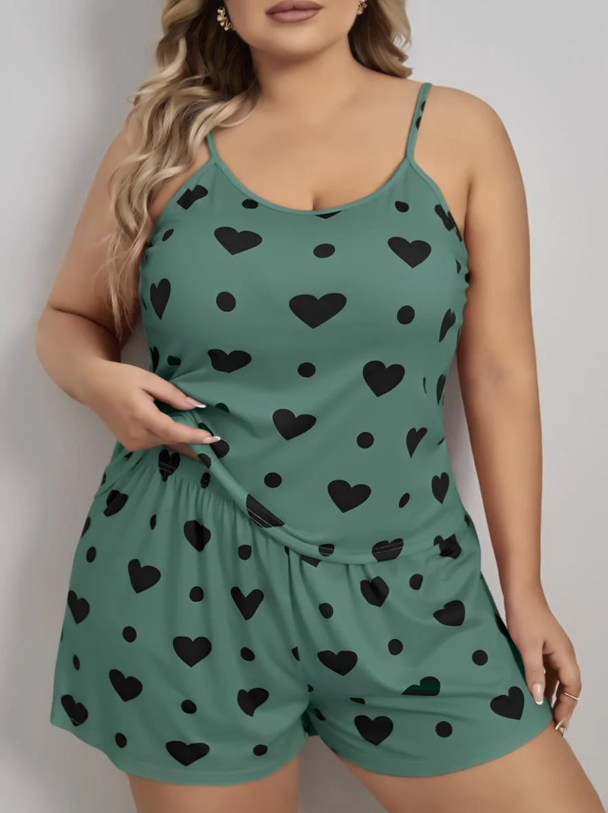 Büyük Beden Yeşil Kalp Desen Pamuklu Şortlu Pijama Takımı