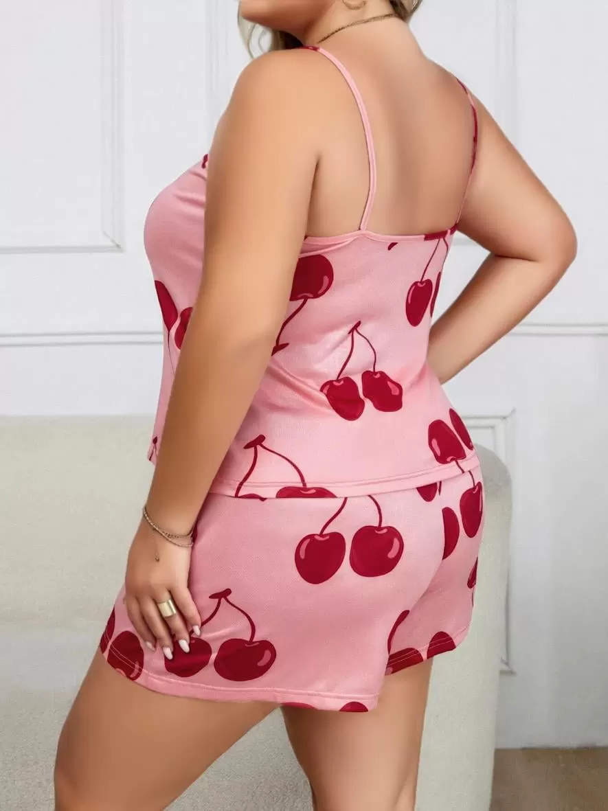 Büyük Beden Pembe Kiraz Desen İnce Askılı Pamuklu Şortlu Pijama Takımı