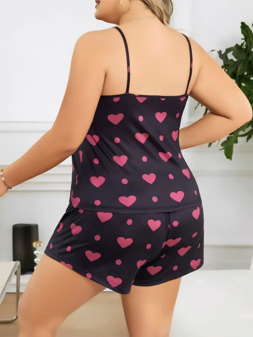 Büyük Beden Siyah Kalp Desen İnce Askılı Pamuklu Şortlu Pijama Takımı
