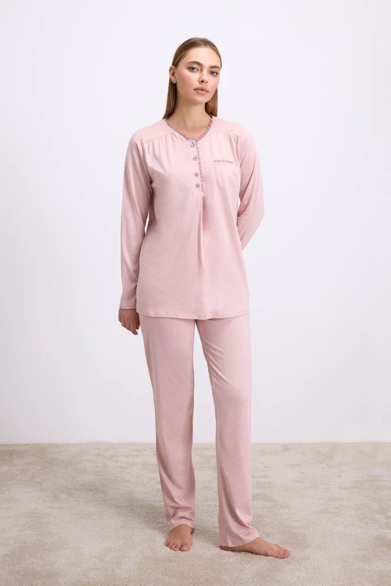 Gül Kurusu Modal Pamuklu Uzun Kollu Düğmeli 2'li Pijama Takımı