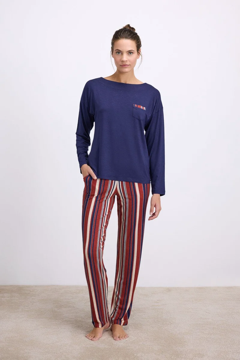 %100 Modal Lacivert Uzun Kollu T-Shirt ve Çizgili Pantolon Takımı