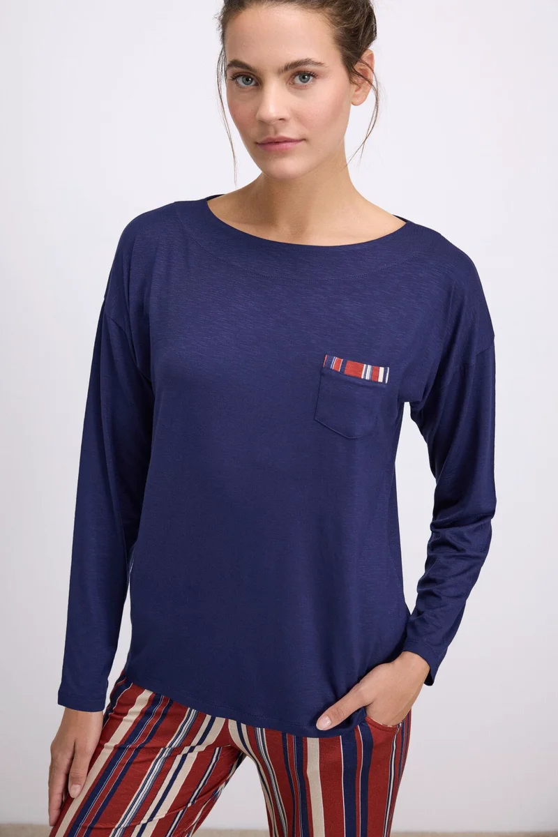 %100 Modal Lacivert Uzun Kollu T-Shirt ve Çizgili Pantolon Takımı