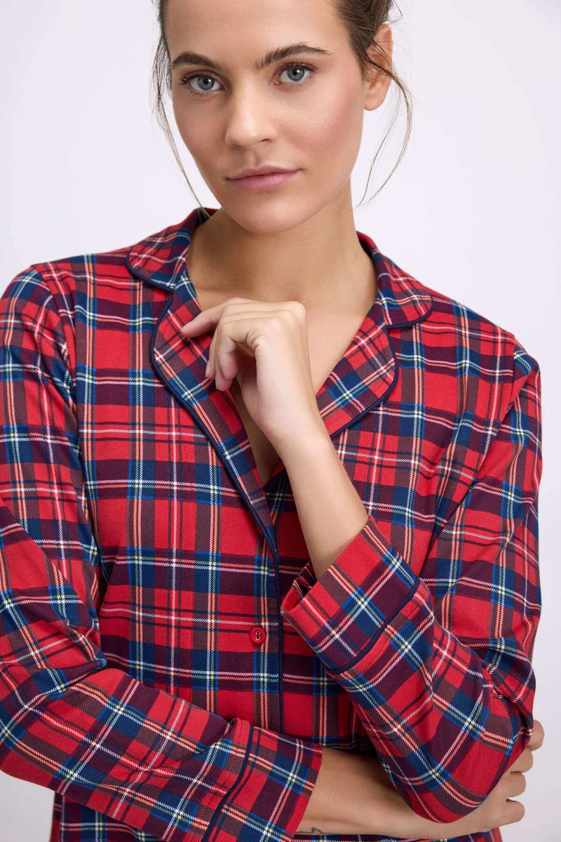 %100 Pamuklu Uzun Kol Düğmeli Gömlek ve Ekose Pantolon Pijama Takımı