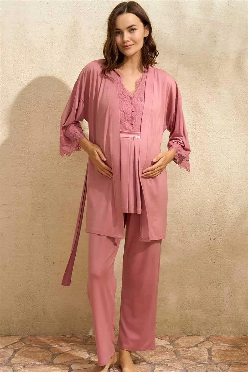 Sıfır Kol V Yaka Kadın Viskon Düz Yazlık Uzun Dantel Detaylı Hamile Pijama Takımı Sabahlık