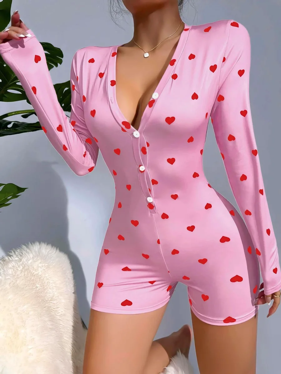 Pamuklu Pembe Kalp Desenli Düğmeli Tulum Pijama