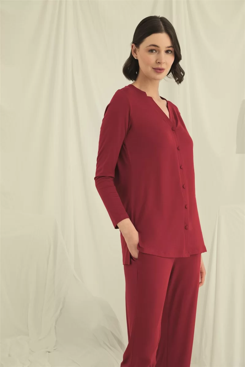 Uzun Kollu Düğmeli V Yaka Pijama Takımı