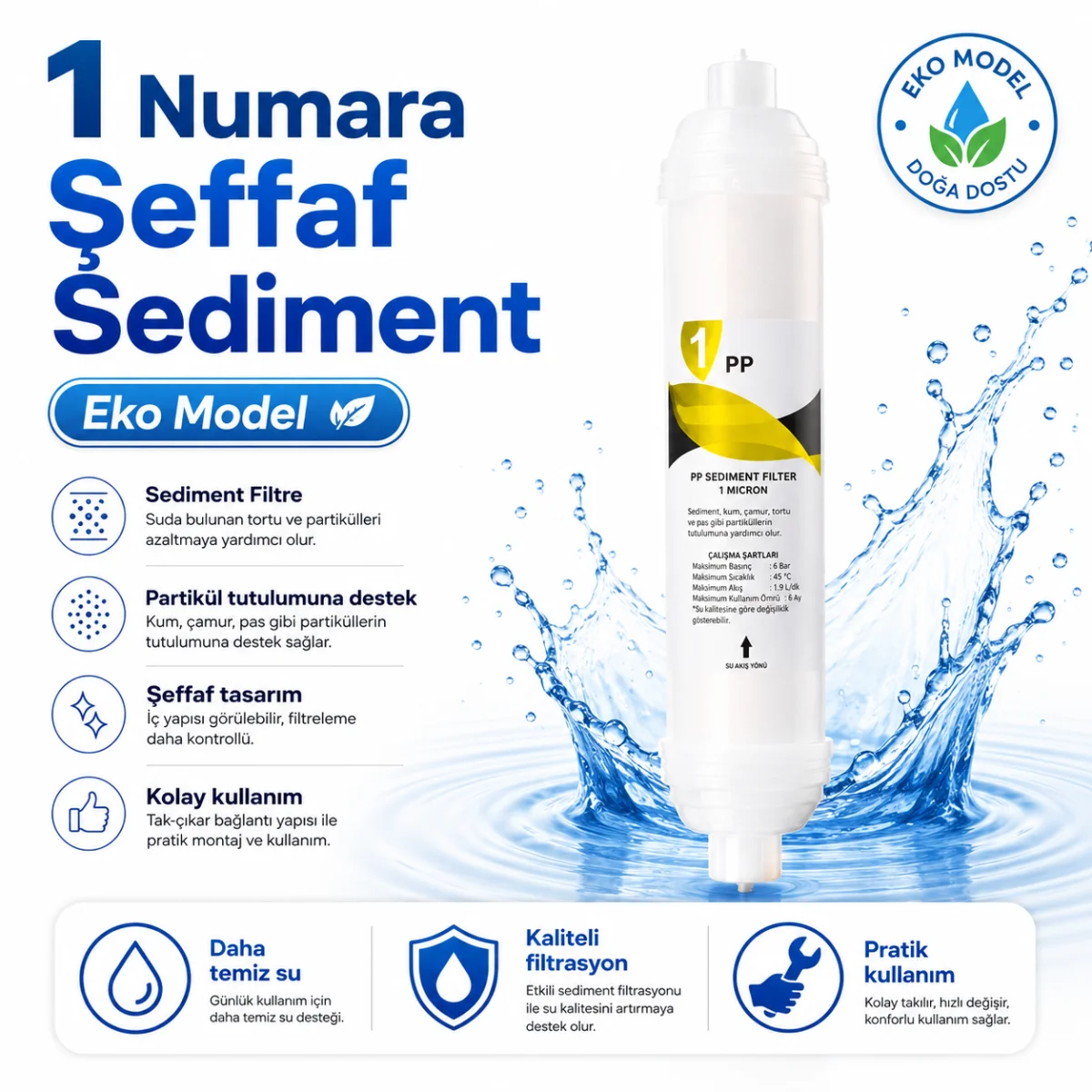 1 Numara Şeffaf Sediment Eko Model Su Arıtma Filtresi 408694801