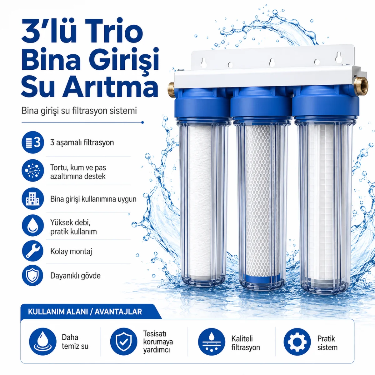 3’lü Trio Premium Bina Girişi Su Arıtma Sistemi 3 Aşamalı Filtrasyon