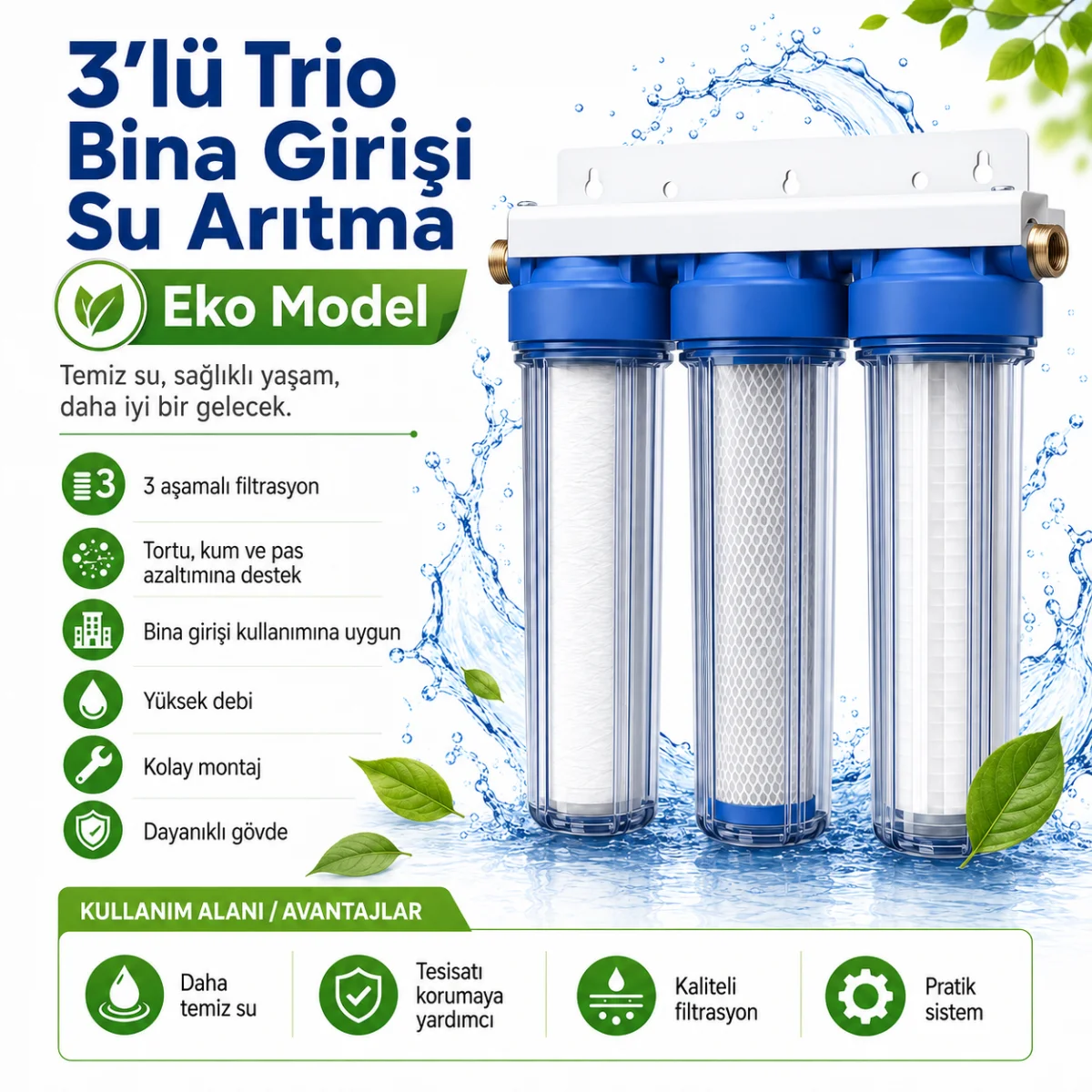3’lü Trio Bina Girişi Su Arıtma Sistemi Eko Model