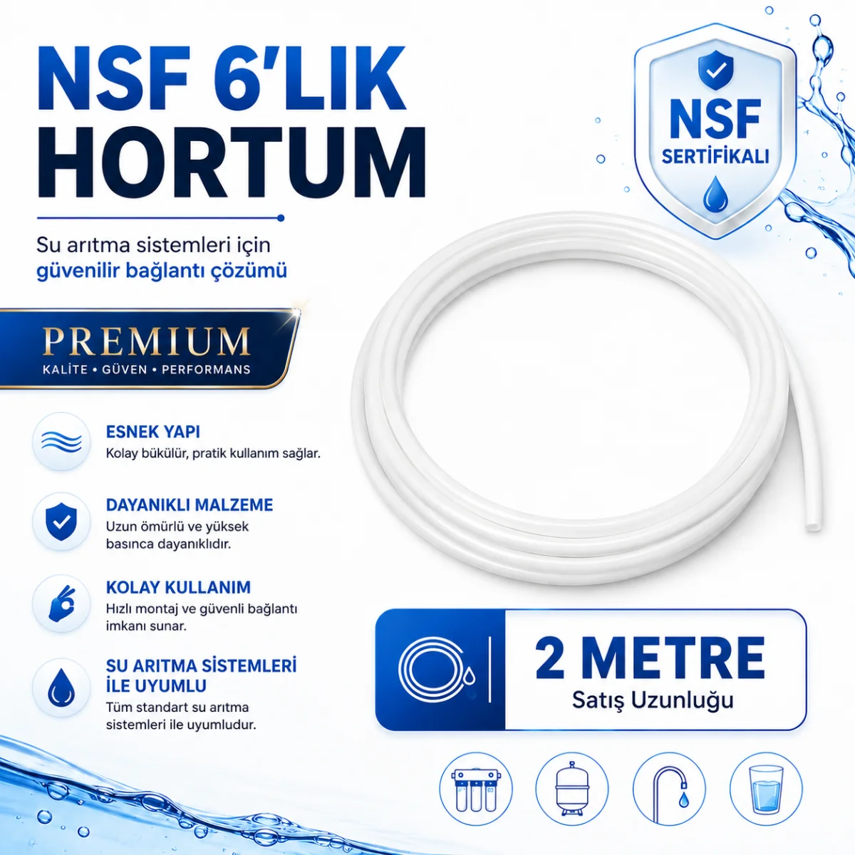 NSF Sertifikalı Premium 6’lık Su Arıtma Hortumu 2 Metre 608696155