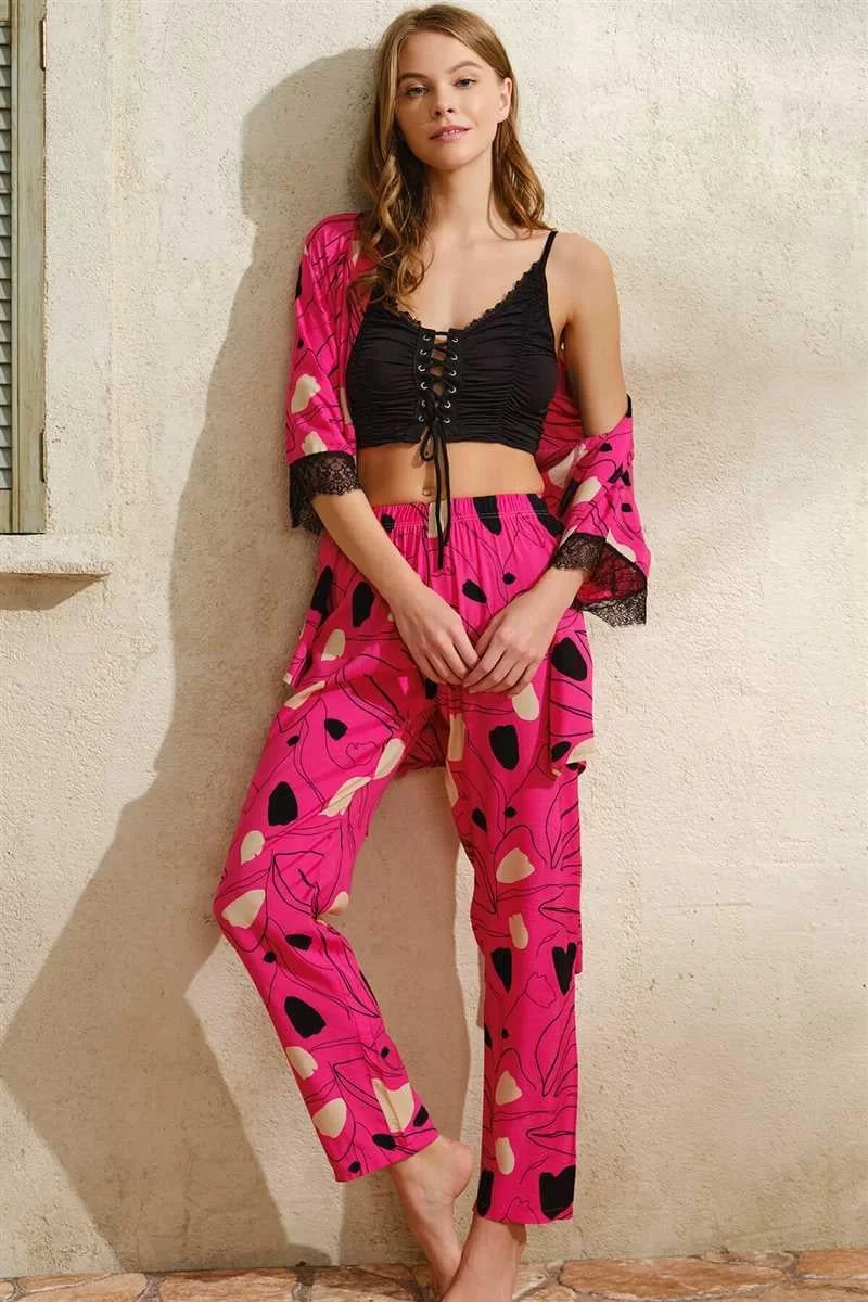 İp Askılı V Yaka Çiçek Desenli Yazlık Uzun İp Detaylı Pijama Altı Sabahlık Takımı