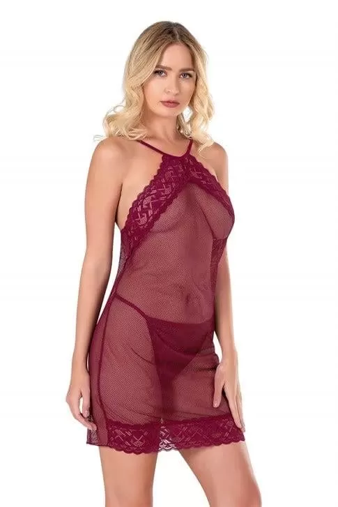 Bordo Kısa File-Tül Gecelik 8132