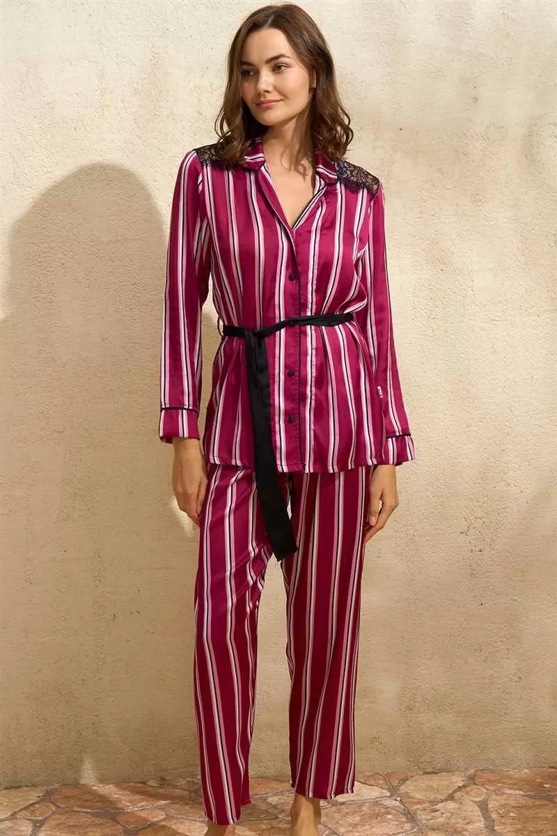 Saten Çizgili Düğmeli Uzun Kol Dantelli Gömlek ve Pantolon Pijama Takım (9765)