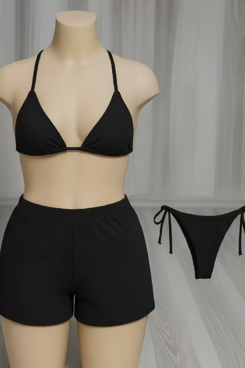 Kadın 3'lü Set Siyah Şortlu ve Yandan Bağlamalı Bikini Mayo Takımı