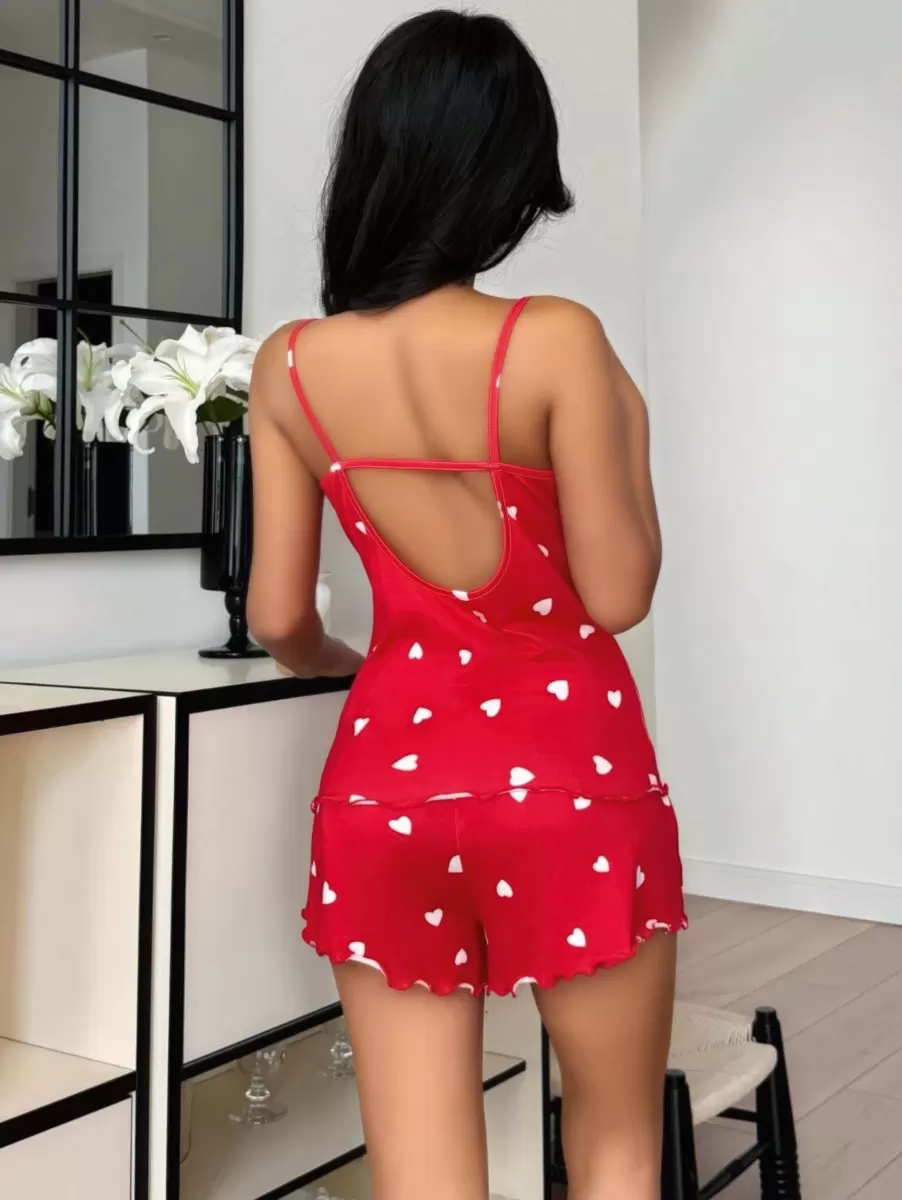 Kadın Kalp Desenli Şortlu Pijama Takımı Rahat ve Şık Ev Giyim Seti