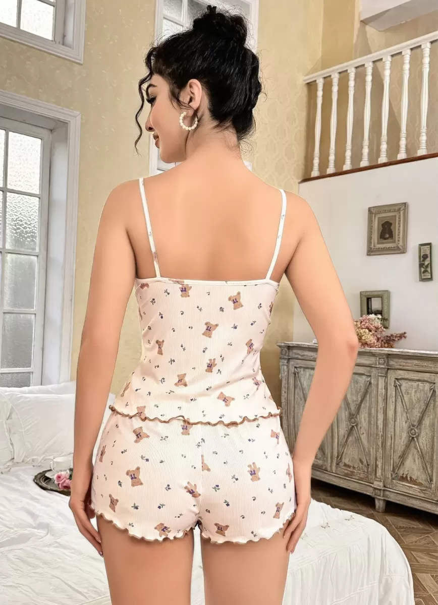 Kadın Ayıcık Desenli Şortlu Pijama Takımı Rahat ve Şık Ev Giyim Seti