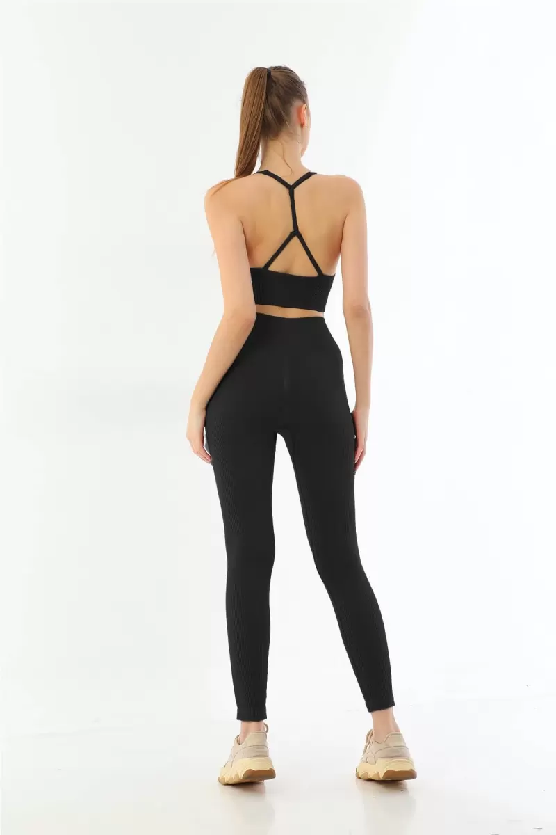 Siyah  3921 Soft Seamless Ripli Tayt Yoga Takımı