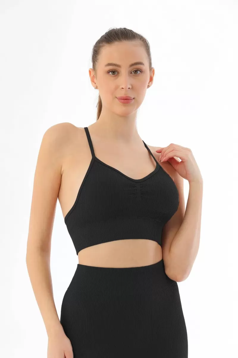 Siyah  3921 Soft Seamless Ripli Tayt Yoga Takımı